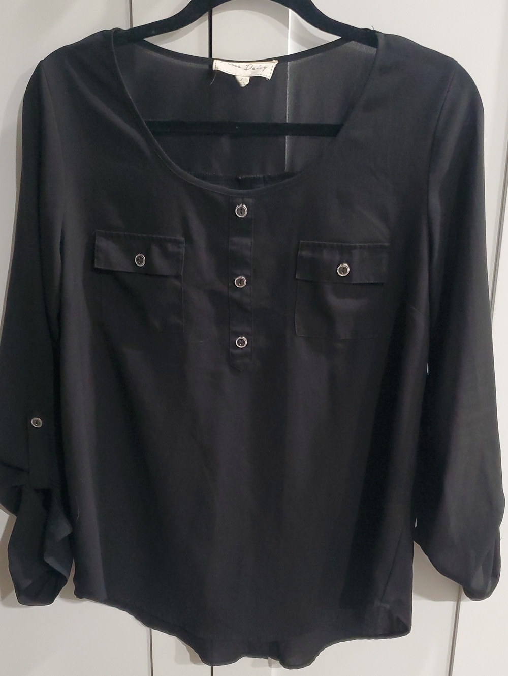 Black Women's Button-Front Pocket Blouse - Versatile Everyday Top